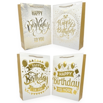 Set 12 Pungi Cadou Happy Birthday Alb Auriu 30x43x12